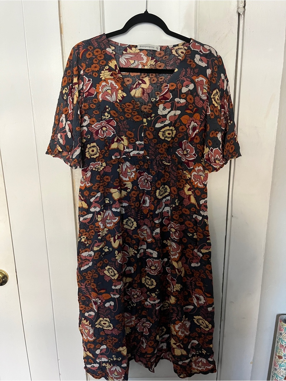 Boho Floral Midi Dress in Navy and Rust - Unknown Brand